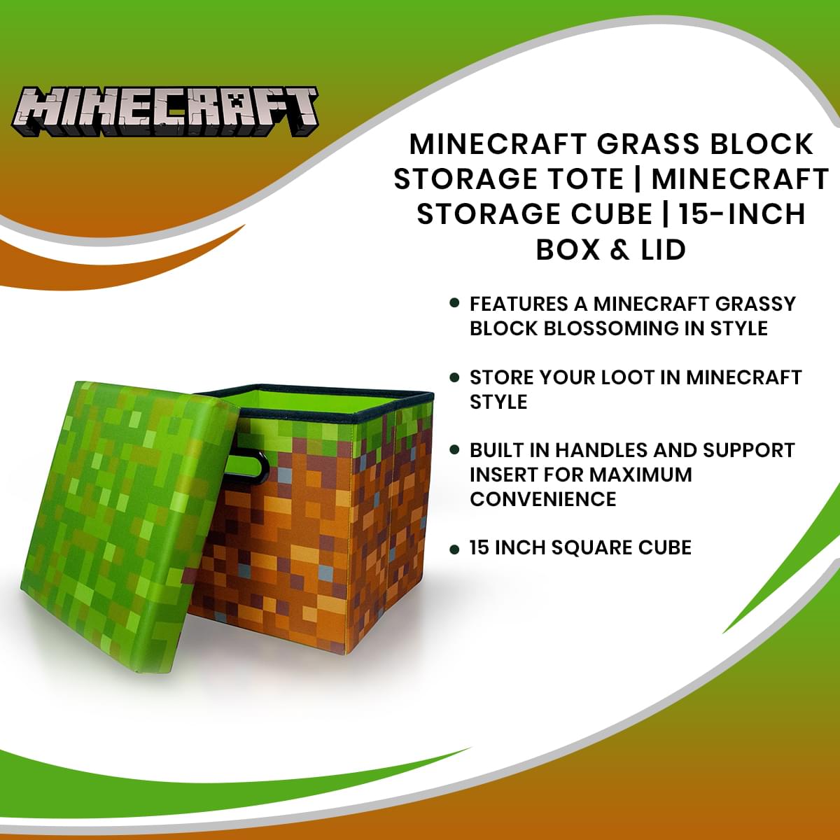 Minecraft Grass Block Storage Tote | Minecraft Storage Cube | 15-Inch Box & Lid - image 7 of 7