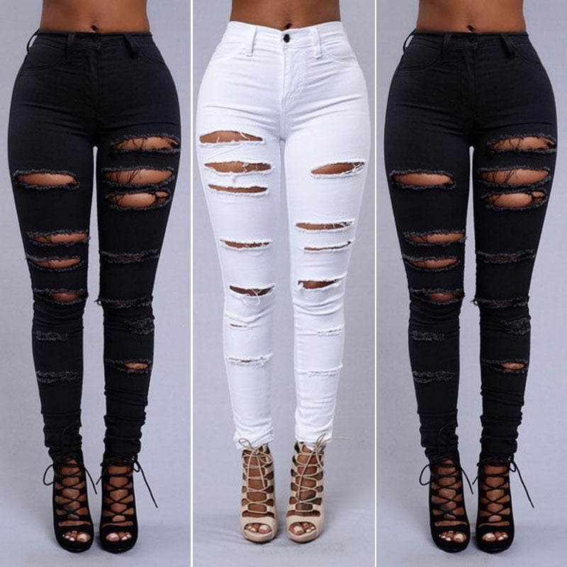 Woman Denim High Waist Skinny Jeans Trousers Stretch Hole denim - Walmart.com