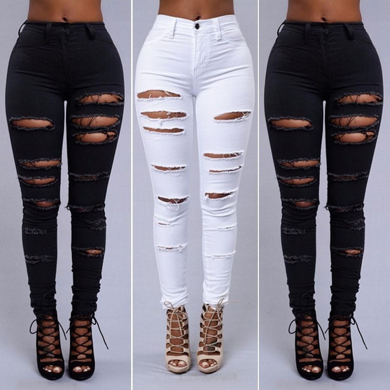 Verschrikking Zij zijn per ongeluk Woman Denim High Waist Skinny Jeans Distressed Jeggings Trousers Stretch  Ripped Hole denim pants - Walmart.com