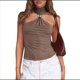 thumbnail image 2 of Tops Sin Mangas con Cuello Halter, Plisados y Torcidos para Mujer, Modernos, Ajustados, Sin Mangas, con Aberturas, para Discoteca Marrón L, 2 of 10