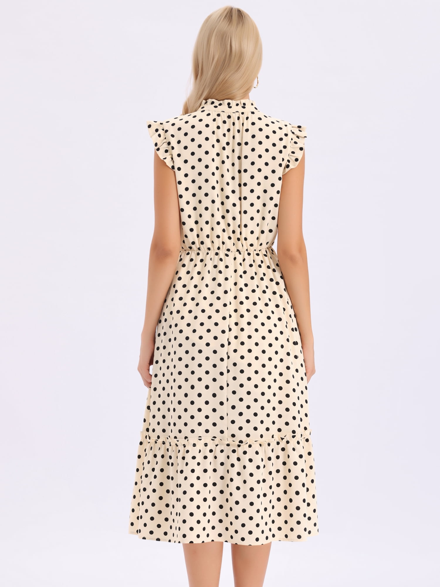 DARING DIVA Women's Polka Dots Midi Peasant Ruffle Sleeve V-Neck Dresses XS Apricot