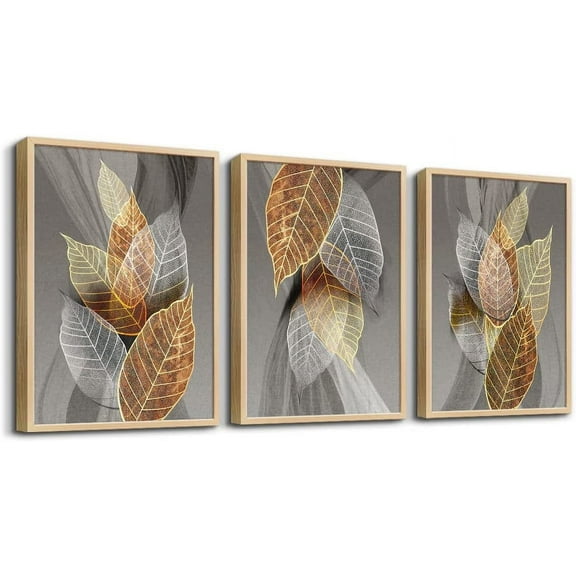 Black Framed Canvas Wall Art - 3 Piece Abstract Paintings of Leaves for Living Room, Kitchen, Bedroom & Modern Bathroom Decor