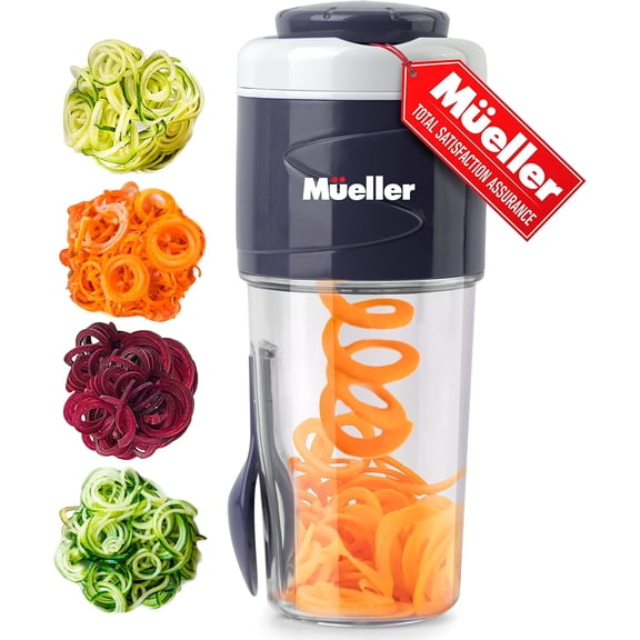 Mueller - Spiralizer - Veggie Pasta Maker - Salad To Go Cup - All-In-One Food Prepper, Comes with Fork, Salad Dressing/Spice-Nut Containers