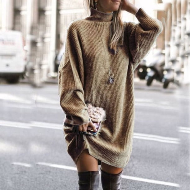 Vestido de mujer de manga larga, suelto, de talla grande, de largo medio y suéter de otoño e invierno.
