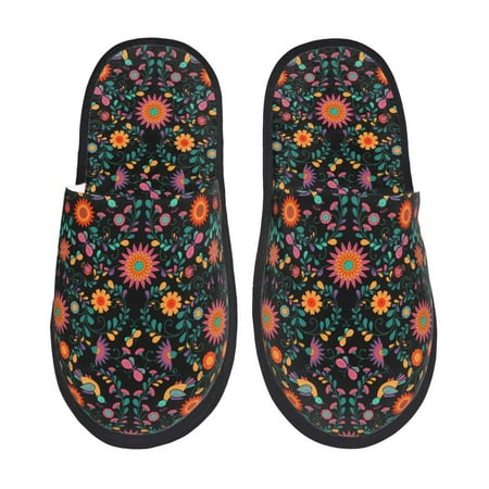 Balery Mexican Flower And Birds Slient Indoor Furry Fleece Comfort House Shoes Soft Non-Slip Home Shoes Cotton slippers House Slippers-- Medium
