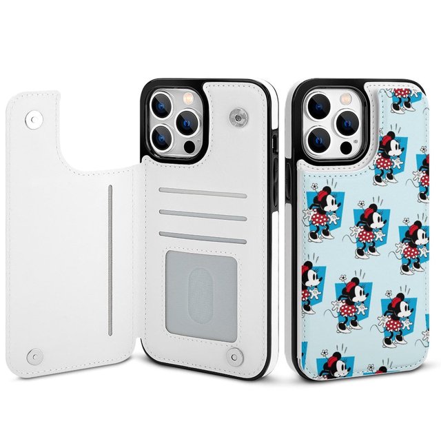 Funda tipo cartera de Mickey Mouse para iPhone 14 Pro Max con tarjetero, tapa trasera tipo libro de piel sintética con función atril, ranuras para tarjetas, cierre magnético doble, antigolpes.