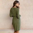 thumbnail image 3 of Vestidos midi de punto tipo gofre con cuello redondo y cintura imperio de manga larga para mujer （verde）,M, 3 of 5