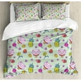 thumbnail image 1 of Kids Duvet Cover Set King Size, Cheerful Pattern with Smiling Cats Pineapples Strawberries Maneki Neko Happiness Love, Decorative 3 Piece Bedding Set with 2 Pillow Shams, Multicolor, by Ambesonne, 1 of 3