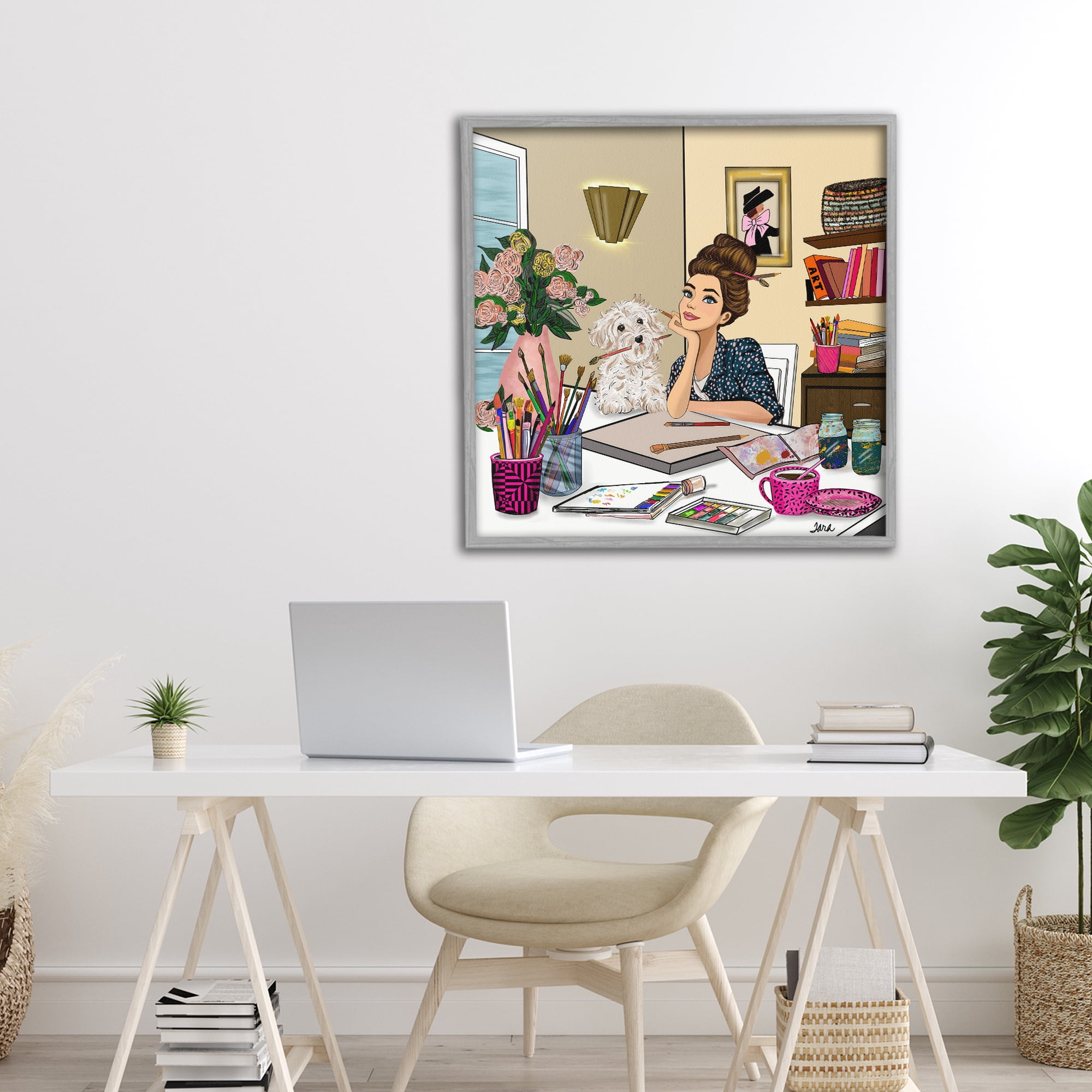 Stupell Industries Creative Art Girl at Desk Gray Framed Giclee Art, design by Tara Boone