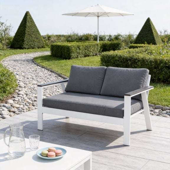 KIOOTTO 52.95" Outdoor Loveseat, All-Weather Aluminum Patio Sofa with Wood-Grain Armrests & Cushions, Water-Resistant, White & Light Grey for Deck Garden