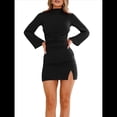 thumbnail image 1 of Vestido de Mujer con Mangas Largas Cruzadas, Volantes, Dobladillo Ajustado, Abertura, Cuello Medio Alto, Falda Corta, Cintura Ajustada. Negro XL, 1 of 9