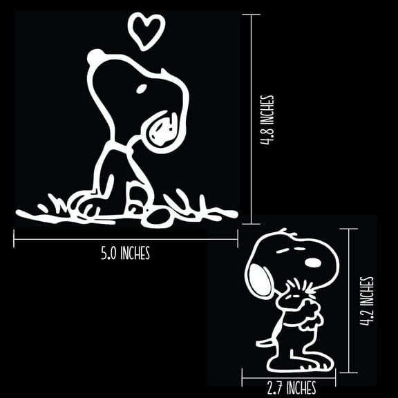 Snoopy Car Decal Set, White Vinyl Stickers, 5.0 x 4.8 inches and 2.7 x 4.2 inches, for Laptop, Car Windows