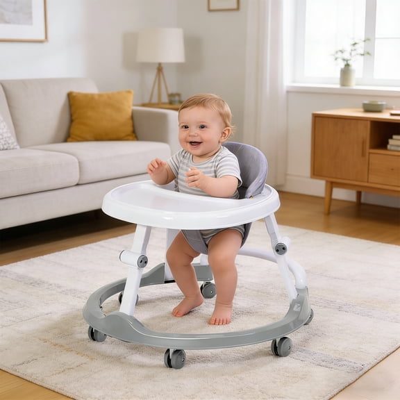 Foldable Baby Walker with Activity Tray, Adjustable Height Learning Walker for Babies 6 Months , Lightweight Infant Walker, Compact Space-Saving Design, Supports Up to 26 lbs