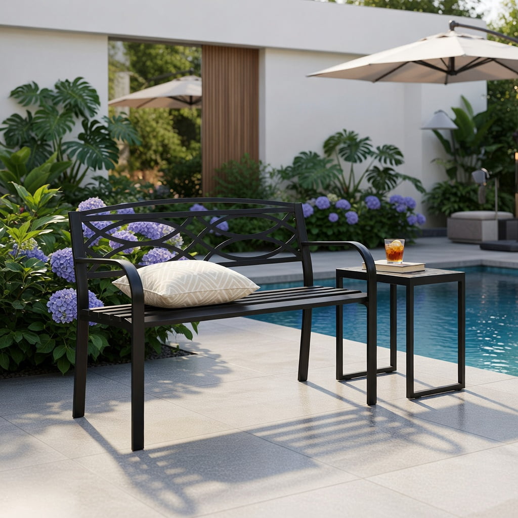 Hommoo Modern Metal Garden Bench with Curved Armrests & Contoured Backrest, Outdoor Patio Bench for Yard, Poolside or Deck, Black