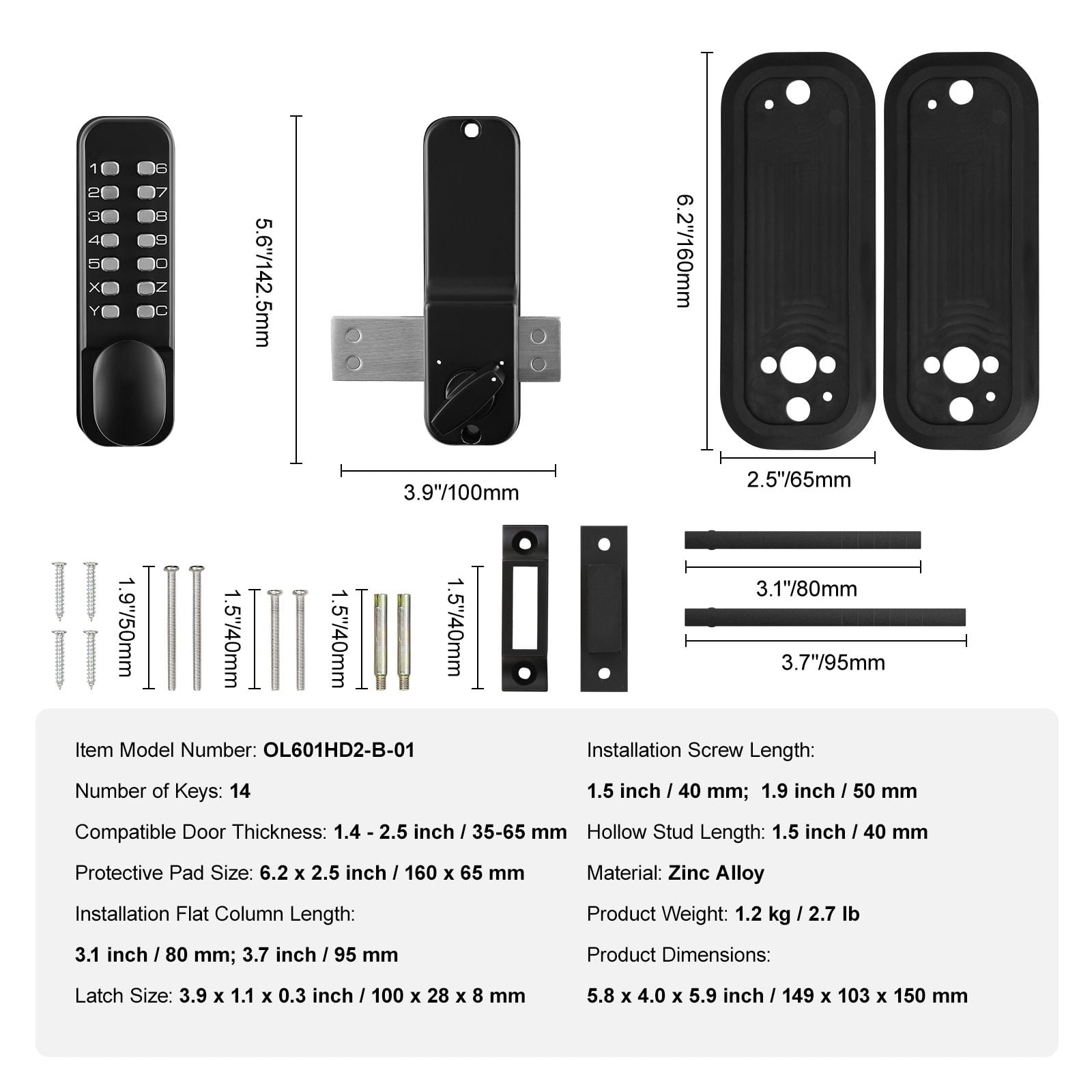 Mechanical Keyless Door Lock, Gen2 with Adjustable Handles, Surface Mount 1.4-2.5 Inch Door Compatibility, Zinc Alloy, No Batteries for Gate Garden Garage