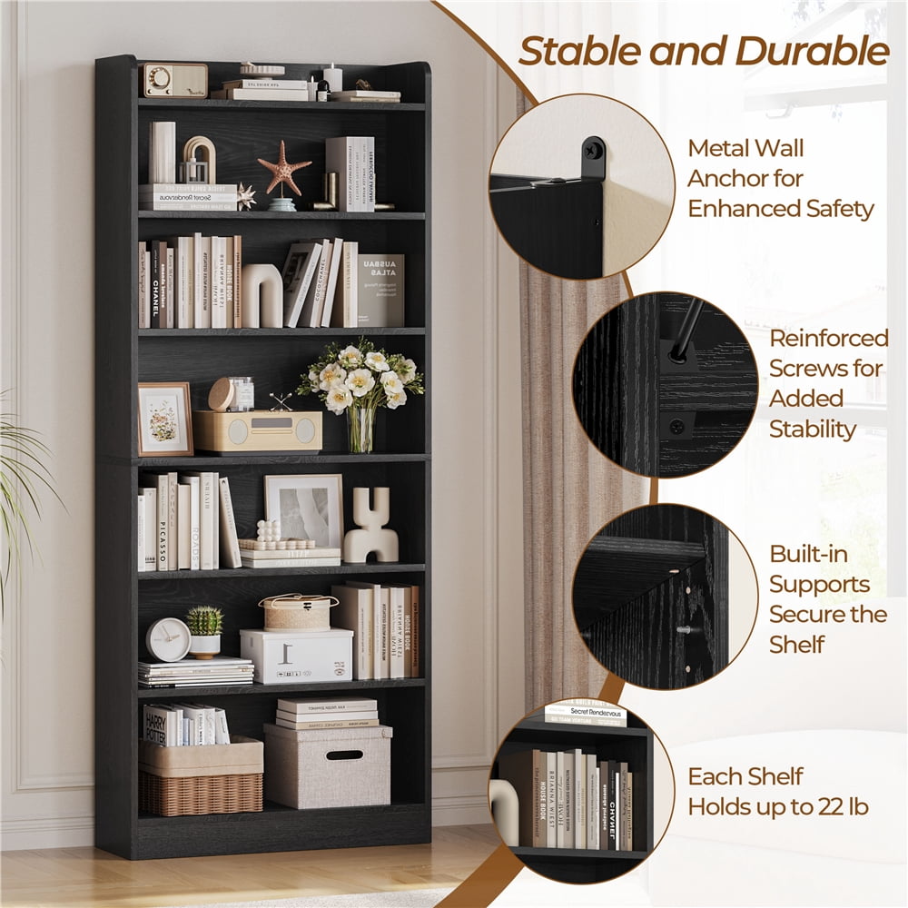 Yaheetech 7-Tier Wooden Bookshelf with Adjustable Open Shelves, Black