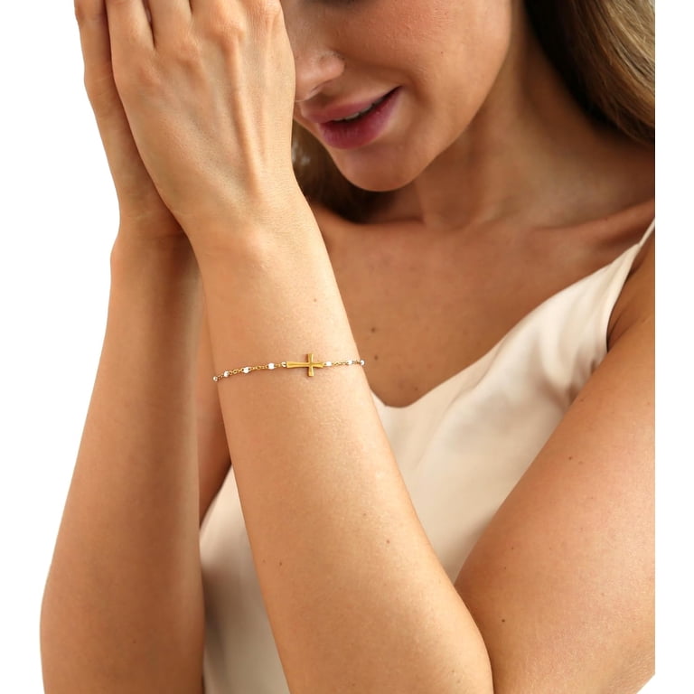 18K Gold Plated Cross Bracelet, Dainty Gold Bead, Adjustable