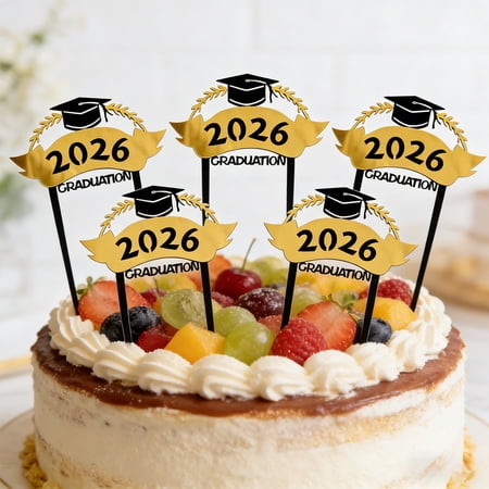 Ceremonial Acrylic Graduation Cake And Cupcake Toppers 2026 Season Mirror Finish Decoration For Parties Dessert Tables Photo Props Durable Plastic With Easy Insert Rods Black And Gold Accent