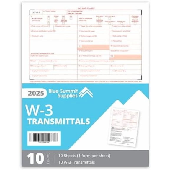W3 Transmittal Tax Forms 2025, 10 Form W-3 Summary Laser Forms for Transmittal of Wage and Tax Statements, W-3 Forms, Compatible with QuickBooks and Accounting Software, 10 Pack$$Office