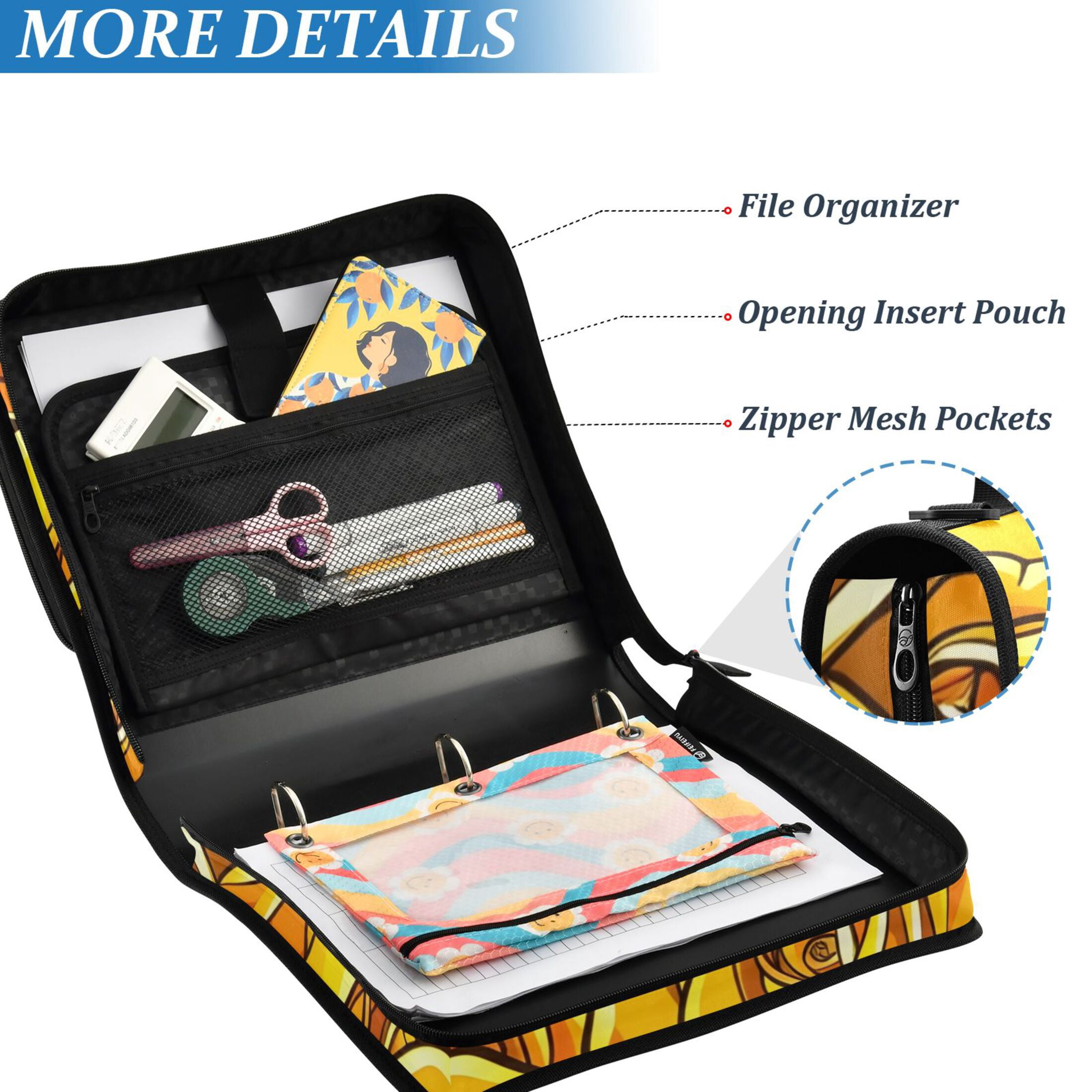 ALAZA Zipper Binder Yellow Roses Flowers 3 Ring Trapper Keeper File Folder Organizer Bag