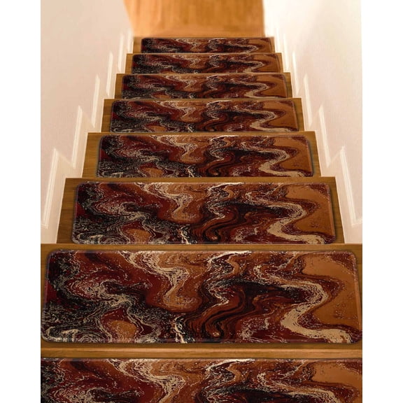 Brown Marble Stair Treads for Wooden Steps Indoor Runner Rug Carpet, Ombre Abstract Striped Mottled Aesthetic 15 Pieces Peel and Stick Staircase Step Treads Covers Washable Throw Door Mats, 30"x8"