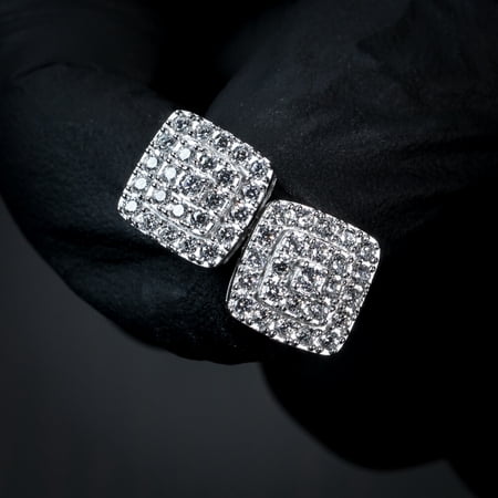 Men's 925 Sterling Silver Square Honey Comb Set Hip Hop Screw Back Cz Stud Earrings