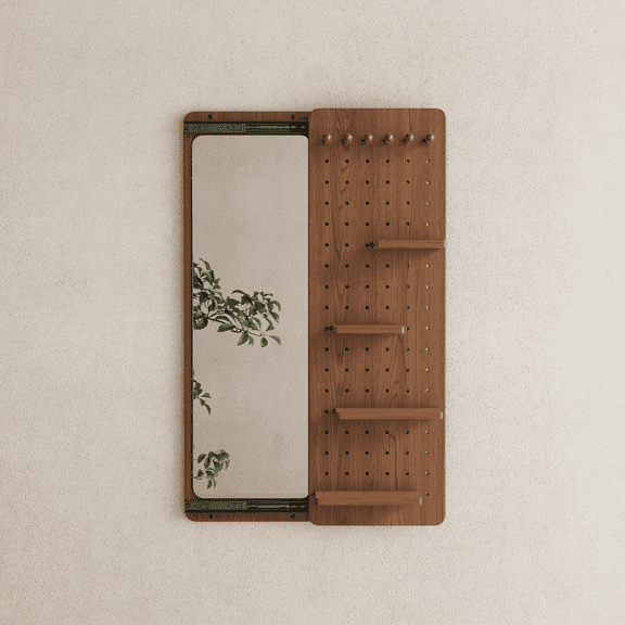 Muwuele Full Length Mirror, Pegboard with Shelf and Hooks, Wall Mounted Mirror with Multifunctional Design Panel, Entryway Mirrors for Living Room, Bedroom, Walnut