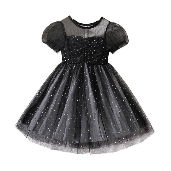 XQYLOS Toddler Black White Polka Dot Dress Short Sleeve Tulle Party Dress Layered Birthday Outfit Soft Breathable Baby Girls Dress for Photo Shoot