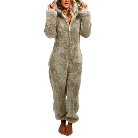 

Mubineo Women Thick Plush Sleeping Romper with Bear Ear Hat Long Sleeve Zipper Hooded Jumpsuit for Autumn Winter