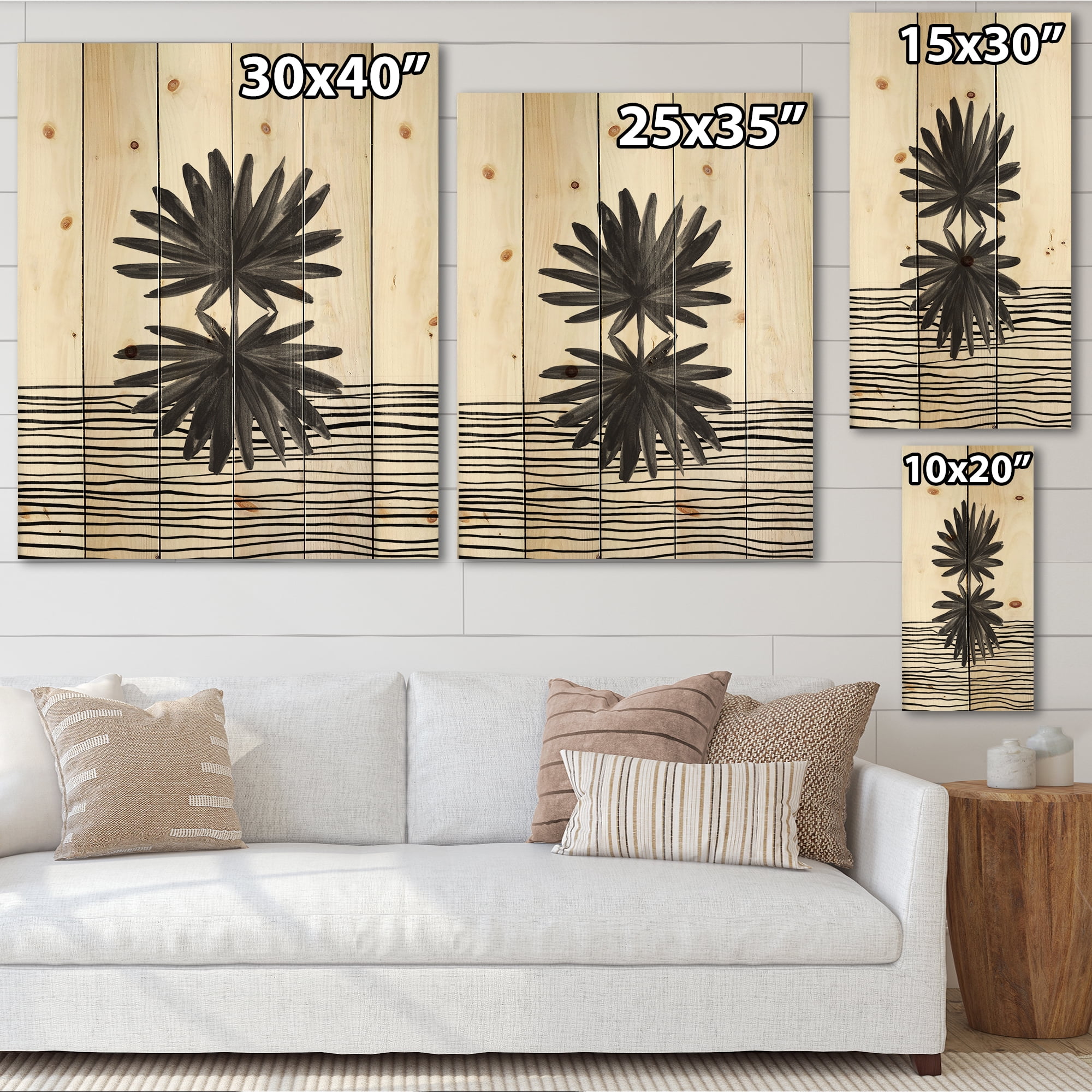 Designart 'Black and White Striped Under Tropical Leaf II' Modern Print on Natural Pine Wood