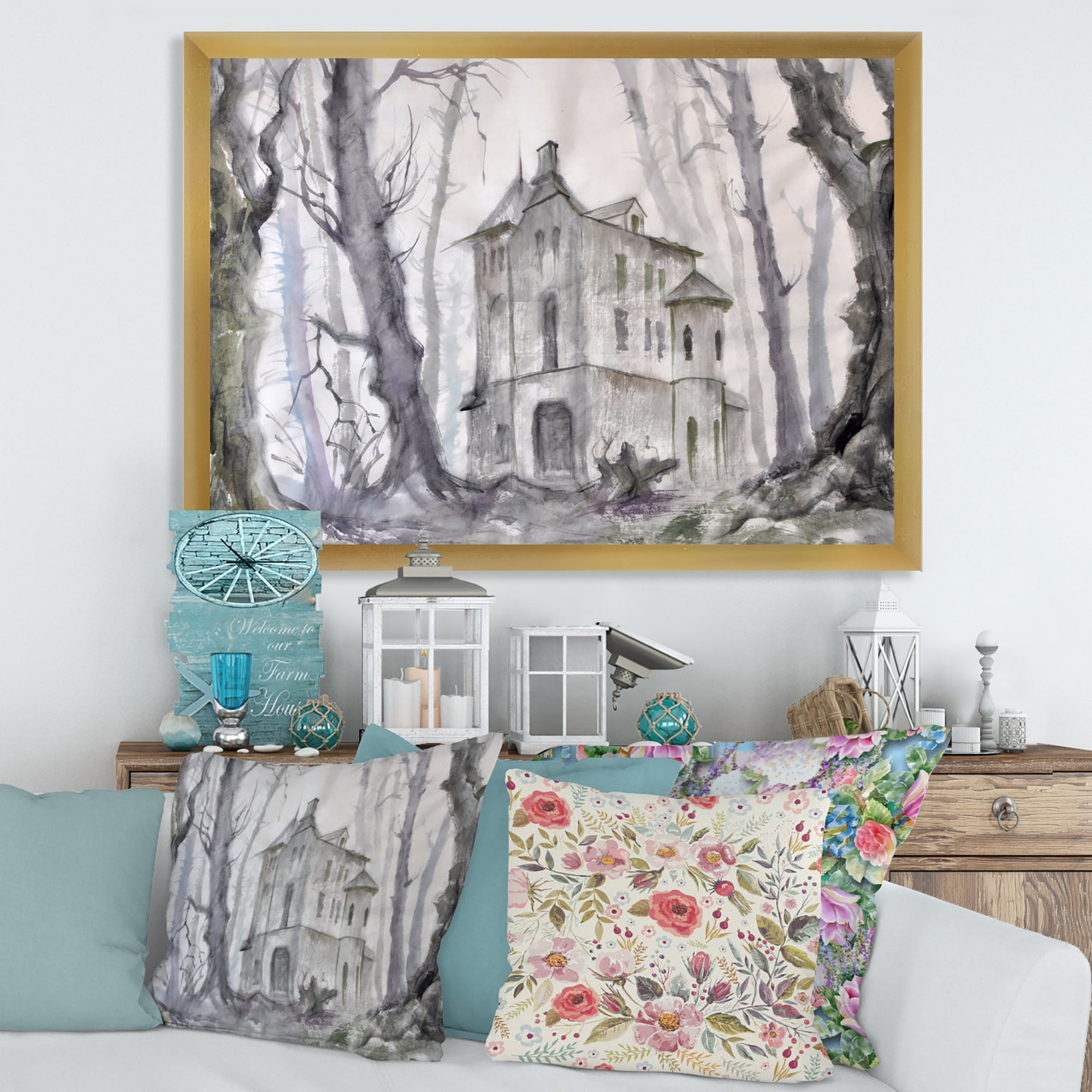 Designart 'Old Haunted Castle In The Woods' Traditional Framed Art Print