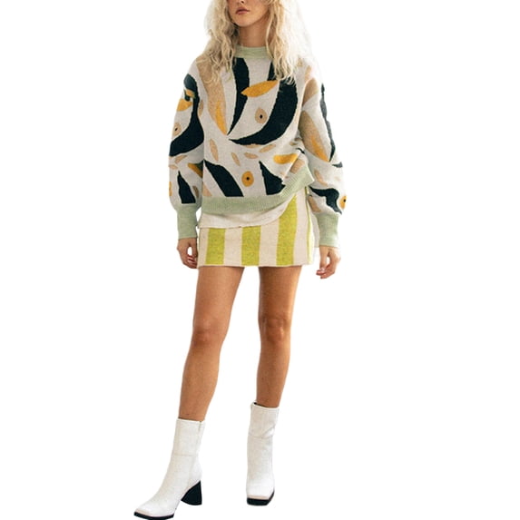 hirigin Female Loose Sweater Contrast Color Long Sleeve Crew Neck Knitwear Pullover for Autumn Winter, S/M/L