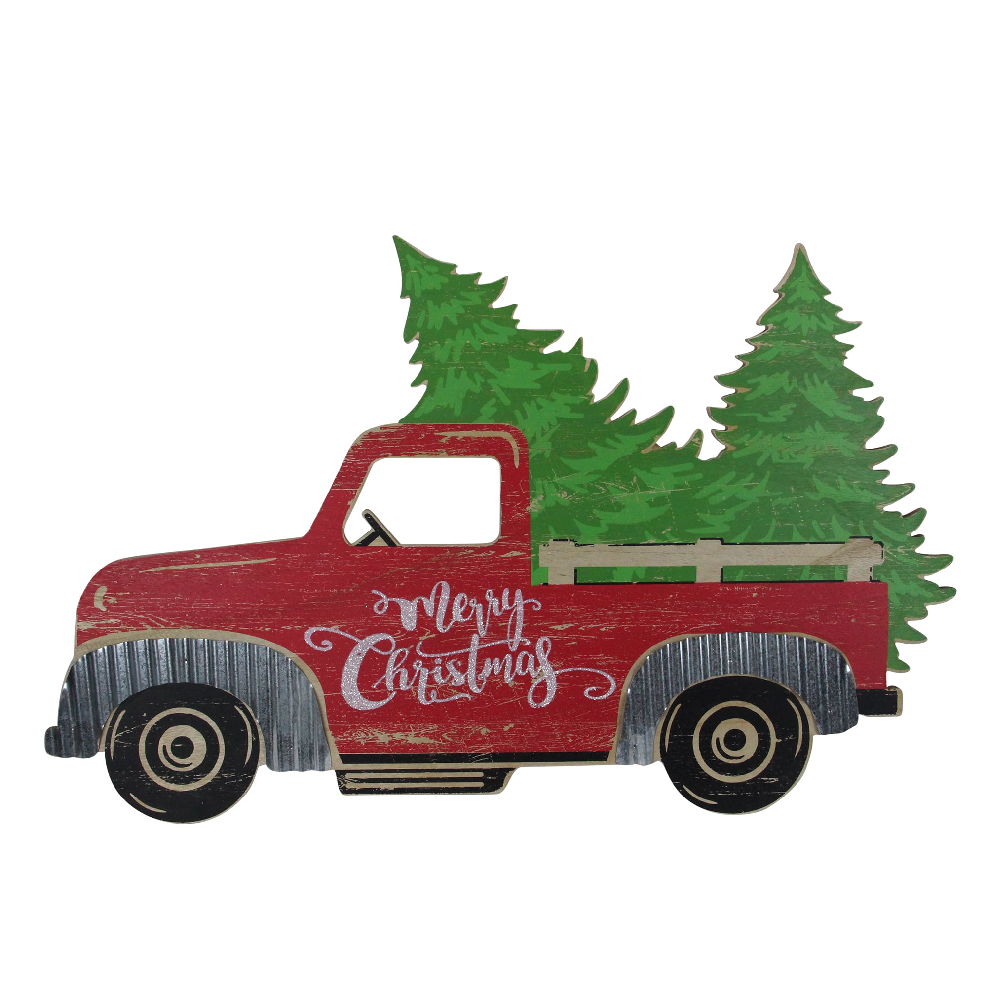 Red Truck w/Tree Wood "Merry Christmas" Wall Hang Decor New 