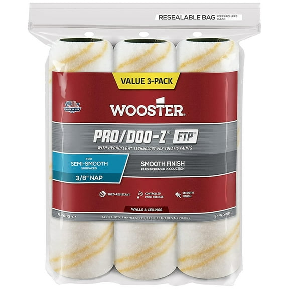 120-Pack of 9” x 3/8” Nap Wooster RR663 Pro/Doo-Z FTP Professional Roller Cover, 3-Pack