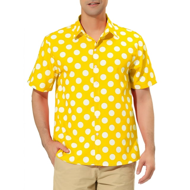 INSPIRE CHIC Men's Summer Polka Dots Shirt Button Down Short Sleeves Pattern Shirts L Yellow