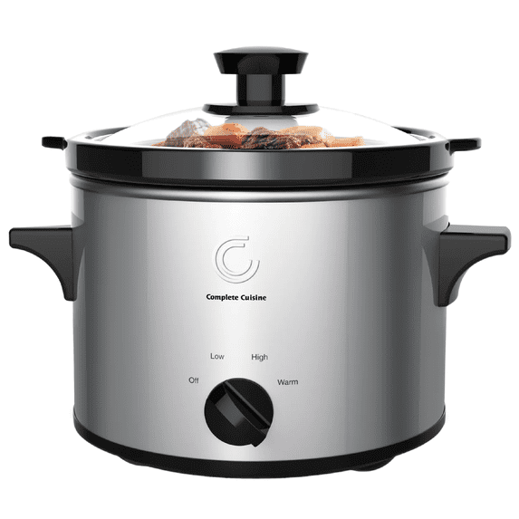 Open Box Complete Cuisine Gourmet Slow Cooker with Adjustable Temp, Entrees, Sauces, Stews & Dips, Dishwasher Safe Glass Lid & Crock, 1.5 Quart, Stainless Steel