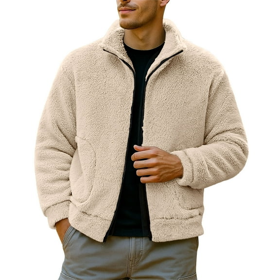 zfhfof Mens Fuzzy Sherpa Fleece Jacket Long Sleeve Lapel Zip Up Coat Lightweight Soft Comfy Fall Winter Thermal Outwear with Pockets