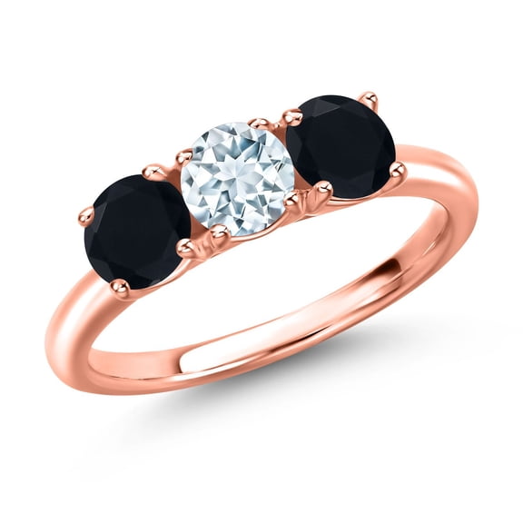 Gem Stone King 18K Rose Gold Plated Silver Sky Blue Aquamarine and Black Onyx Engagement Ring for Women | 1.45 Cttw | Round 5MM | Gemstone March Birthstone | Size 6