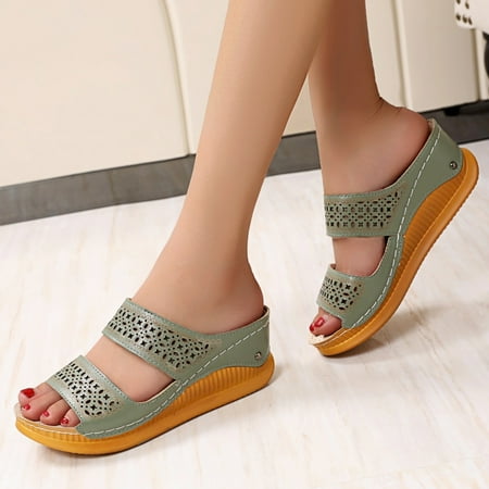 

PhoneSoap Fashion Spring And Summer Slope With Hollow Ladies Sandals Roman Peep Toe Slippers Green