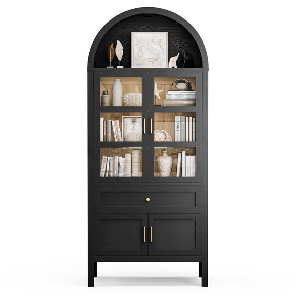 Raffle Pinker 71" Arched Kitchen Pantry Cabinet Display Storage Cabinet with Glass Doors, Black