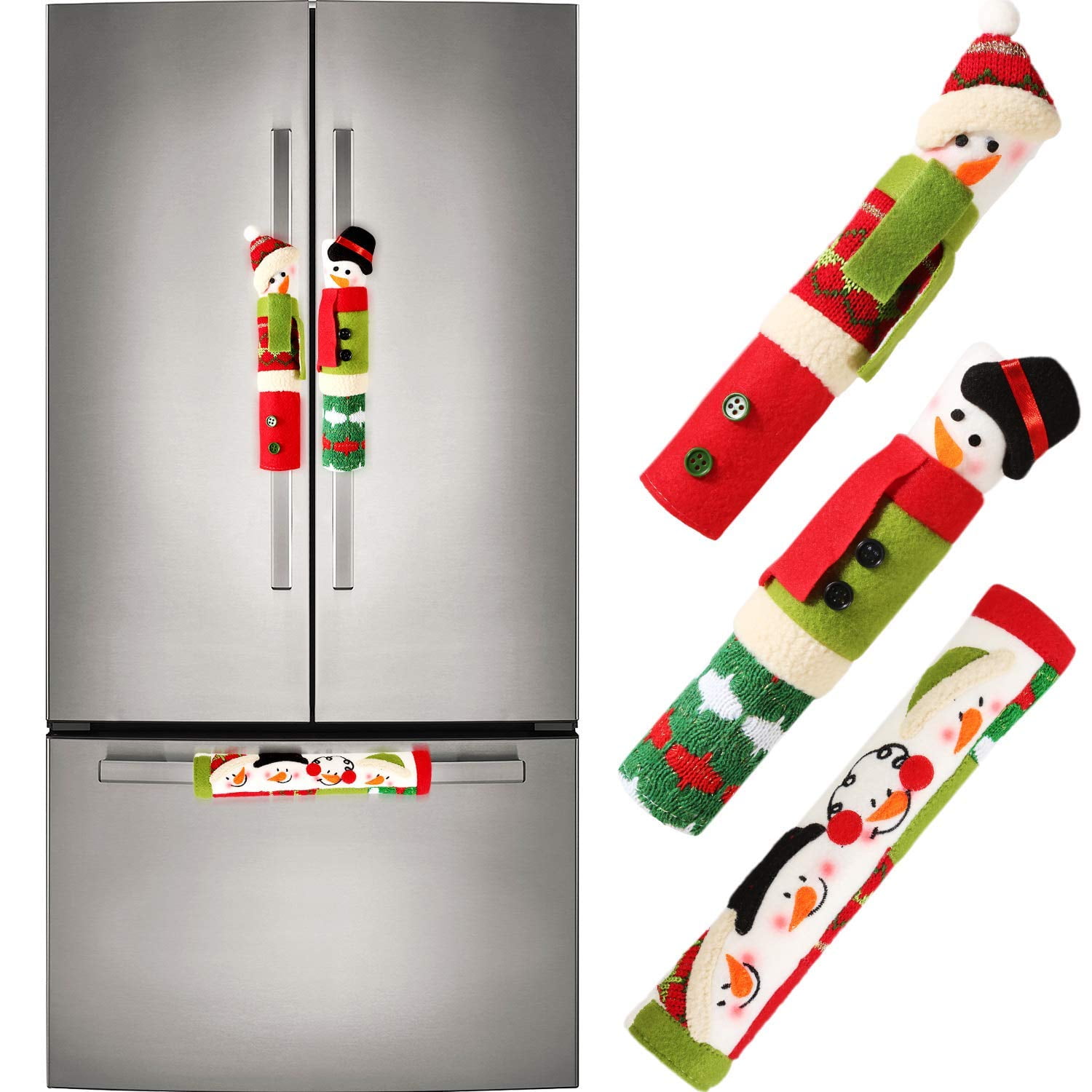 OurWarm Christmas Fridge Handle Covers Set of 3 Santa Snowman Fridge Door Handle Cover Kitchen Appliance Handle Covers for Christmas Decorations