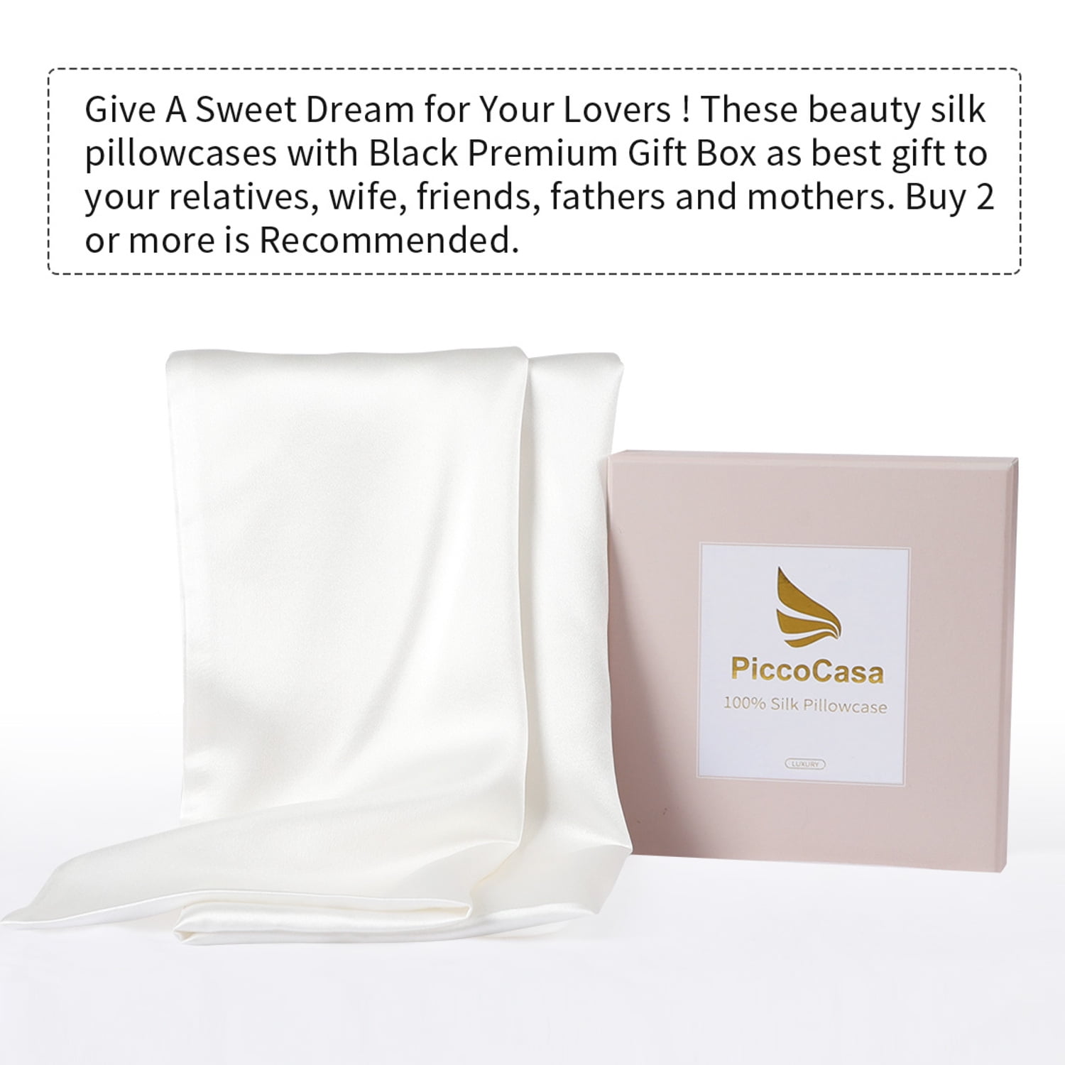 PiccoCasa Set of 2 Silk Pillowcase for Skin Both Sides 25 Momme Silk King White