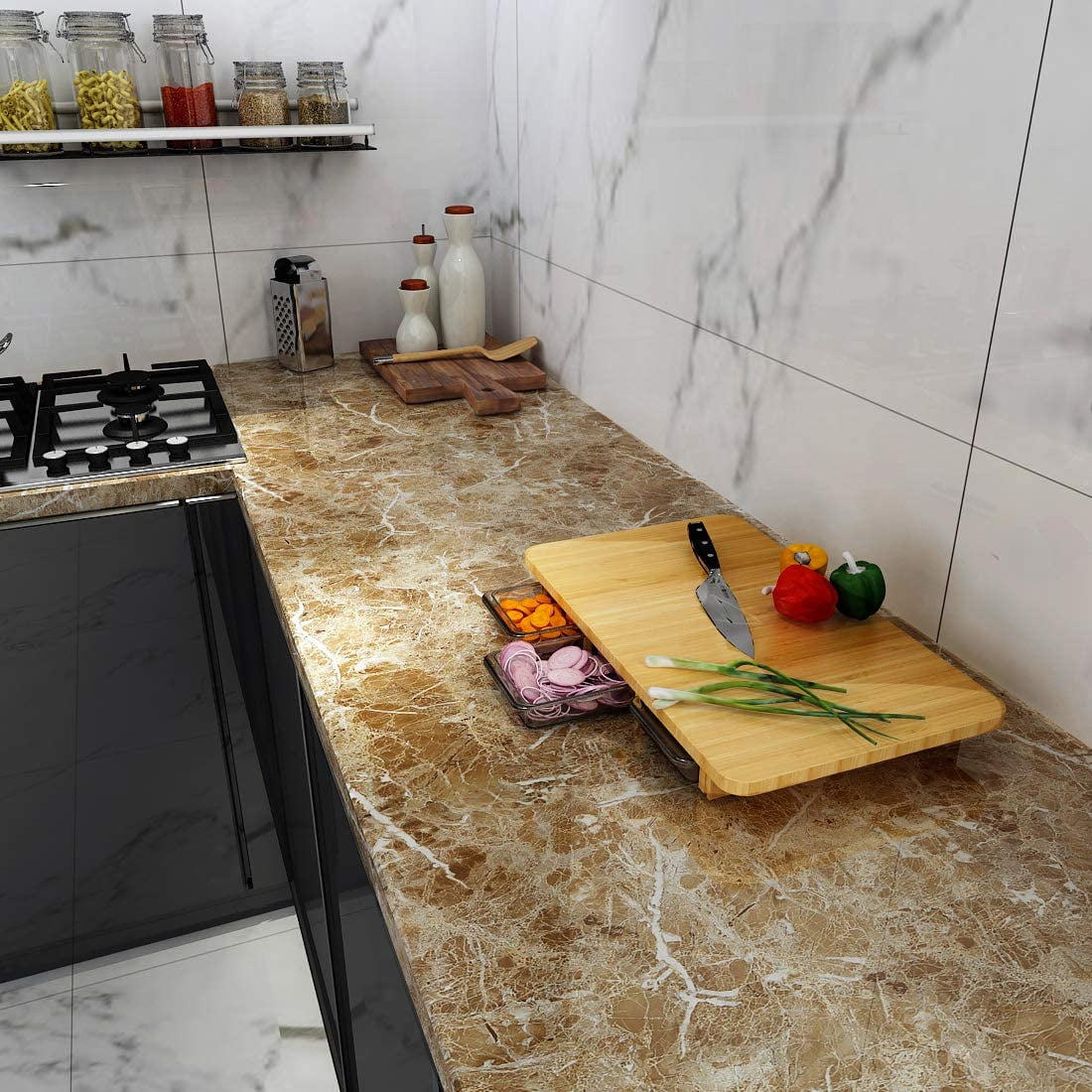 LACHEERY 90cm X 400cm Papier Autocollant Pour Meuble Gris Or