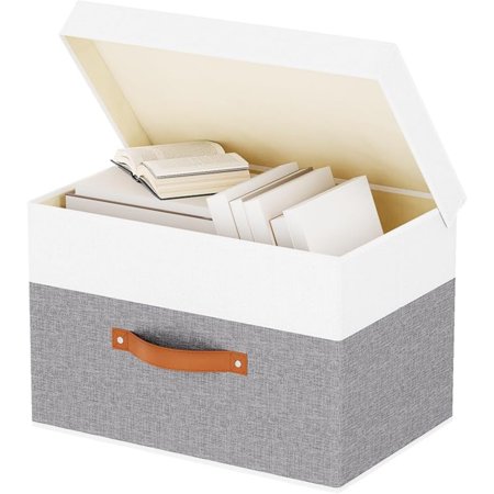 Fabric Storage Boxes with Lids Linen Foldable Cloth Baskets Closet Organizer Containers with Double Handles Sweater Bins for Bedroom White and Grey 1 Pack 13 x 9.1 x 7.9 Inch