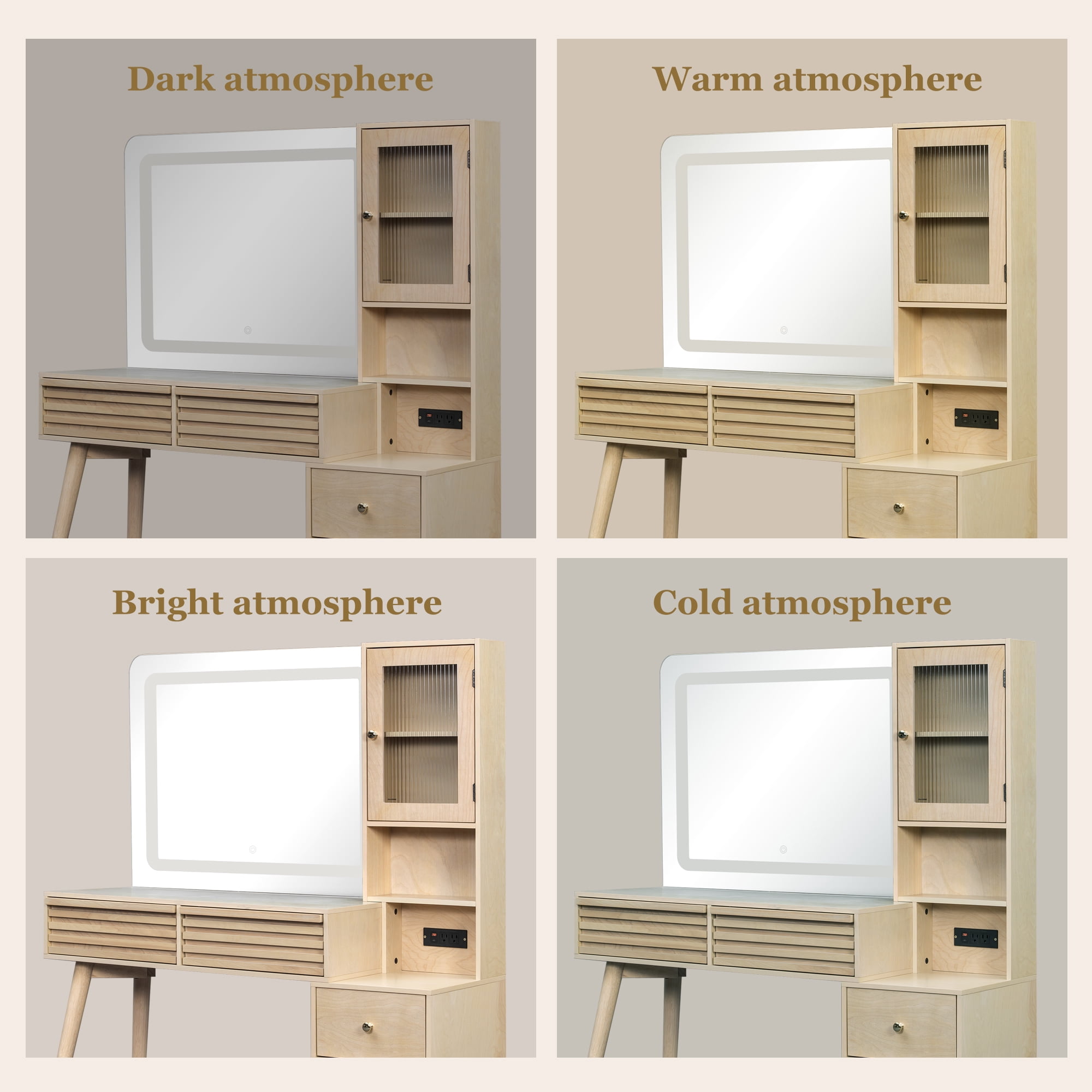 GARITIN Makeup Vanity Desk 45.9 Inch, Dressing Table with Mirror and LED Lights, 5 Drawers and Fluted Glass Storage Cabinet with Power Outlet, Natural