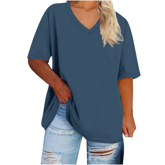 Womens Summer Tops Sevevn Women's Oversized V-Neck Short Sleeved Solid Summer Base Shirt Sports T-Shirt