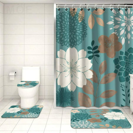 4 Piece Teal Flowers Bathroom Sets With, Beige Blue Green Shower Curtain Set