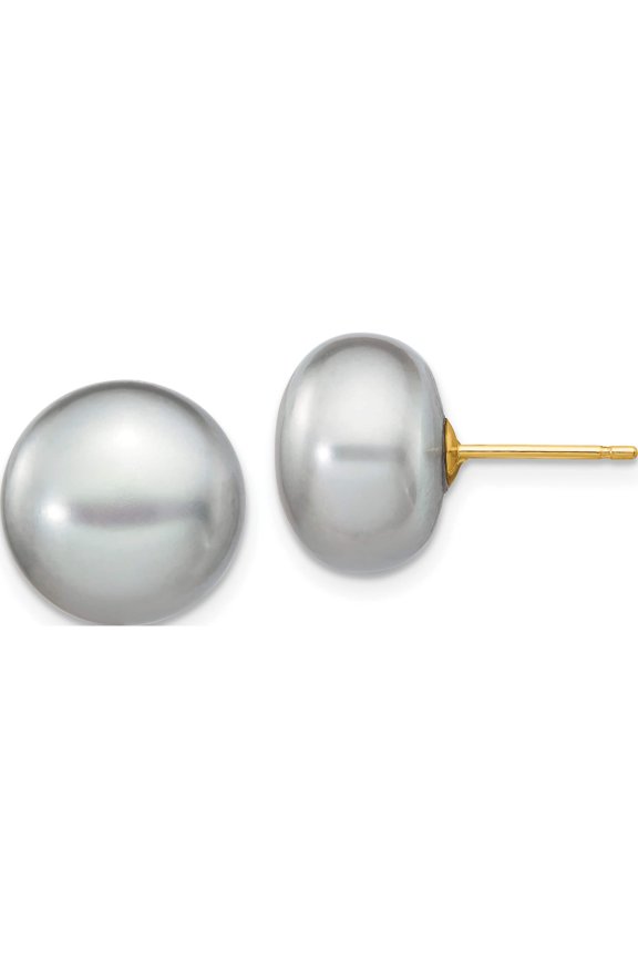 14K Yellow Gold 11-12mm Grey Button Fw Cultured Pearl Stud Post Earrings Made In Canada x110bg
