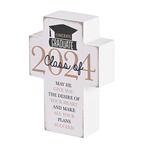 Dicksons TPLKC34-107 Congrats Graduate Class of 2024 White and Black 3 x 4 Wood Distressed Cross Shaped Decorative Tabletop Plaque Home Décor