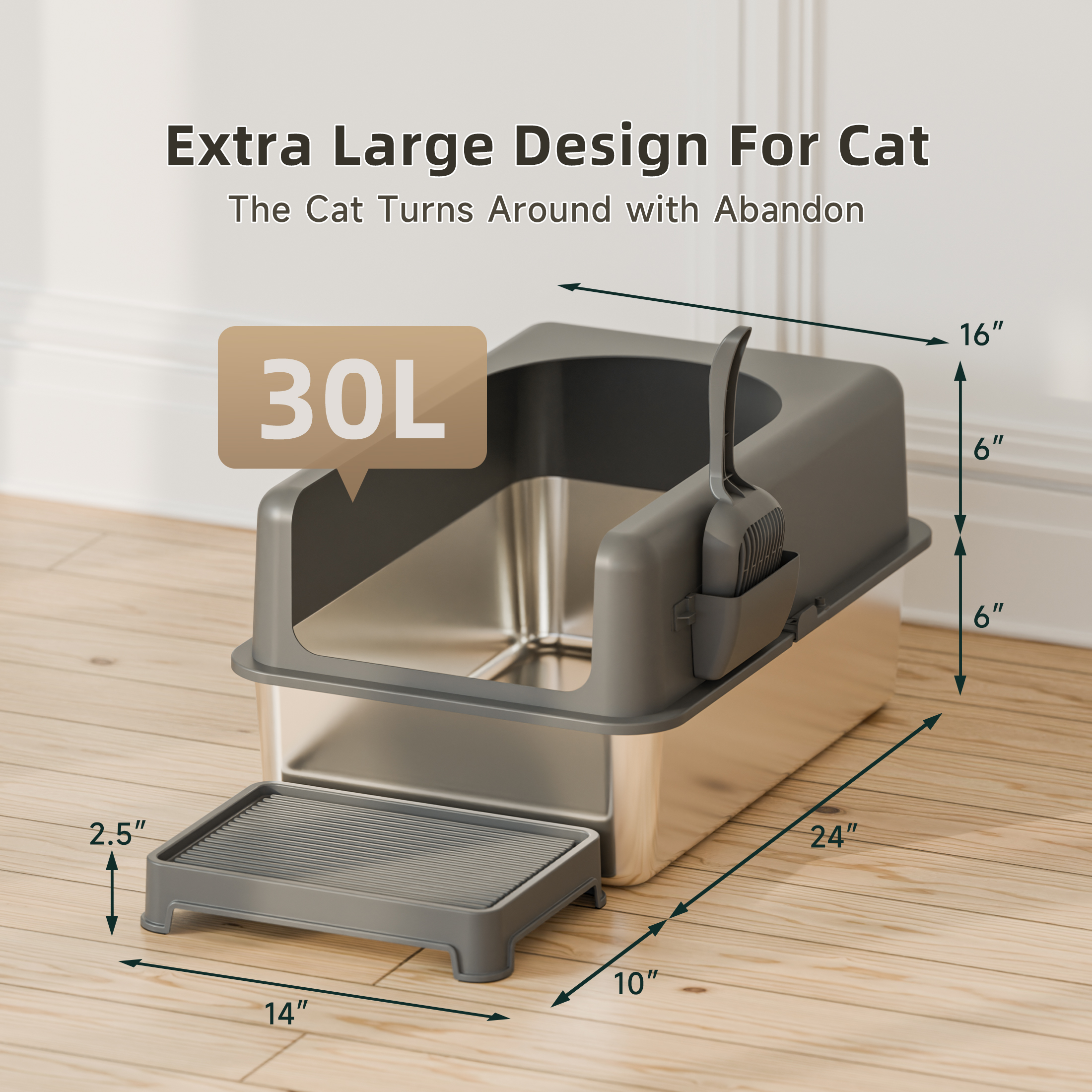 Bsadne Large High-Sided Stainless Steel Multi-Cat Litter Box Set with Lid, Scoop, and Tray, Gray(24''*16''*12'')